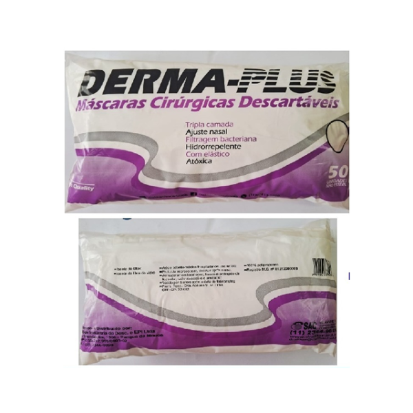 MÁSCARA CIRÚRGICA TRIPLA BRANCA C/ ELÁSTICO C/ 50 UNIDADES EMBALAGEM PLÁSTICA ATÓXICA COM ANVISA - DERMA-PLUS