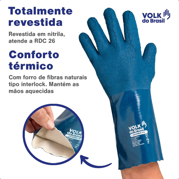 LUVA VOLK SKINNER PK AZUL RISCO QUÍMICO, TÉRMICO E MECÂNICO PROTEÇÃO PONTA DOS DEDOS 35 CM BANHO NITRÍLICO CA 39925