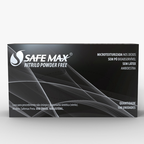 LUVA NITRILICA DESCARTÁVEL SUPERMAX PRETA SAFE MAX USO GERAL C/100 UNIDADES CA 49678 / 51115